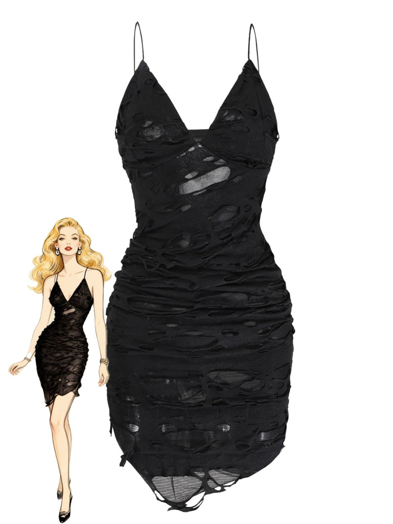 Black 1960s Halloween Distressed Hollow Out Cami Dress