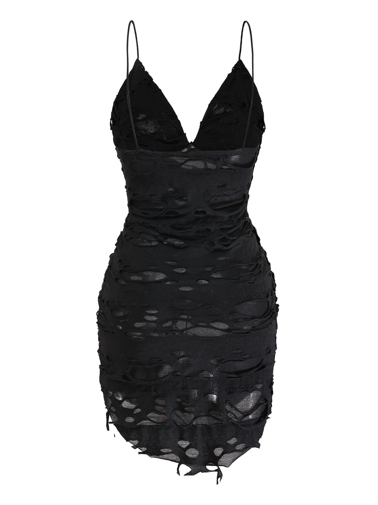 Black 1960s Halloween Distressed Hollow Out Cami Dress
