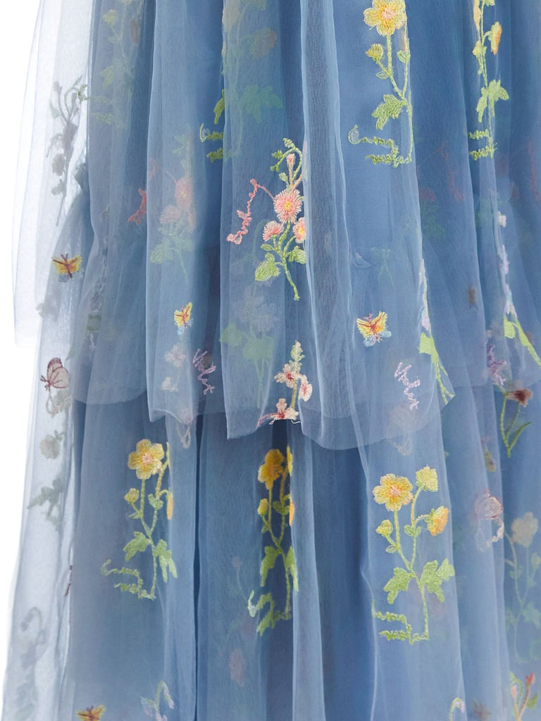 1930s Halter Floral Embroidered Tiered Mesh Satin Maxi Dress