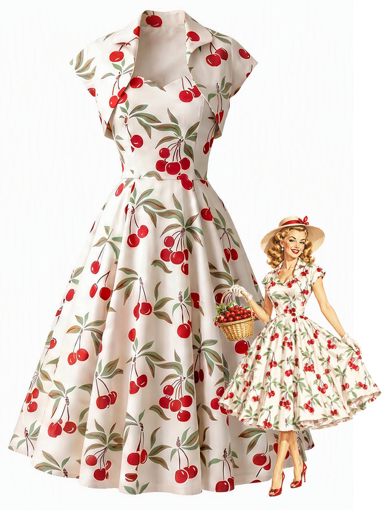[Pre-Sale] White 1950s Cherry Cap Sleeve Sweetheart Neck Swing Dress