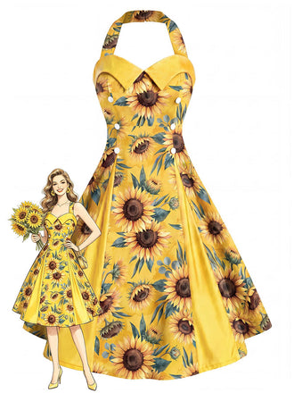 [Pre-Sale] Yellow 1950s Sunflower Halter Box-Pleat Dress