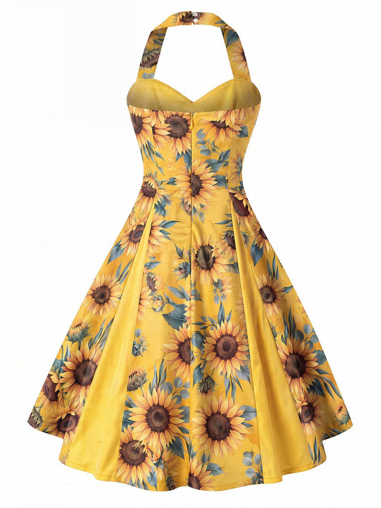 [Pre-Sale] Yellow 1950s Sunflower Halter Box-Pleat Dress