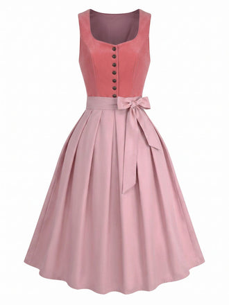 Pink 1950s Velvet Sweetheart Neck Button Front Dress & Apron