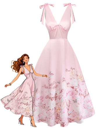 Pink 1940s Floral V Neck Bow Dress