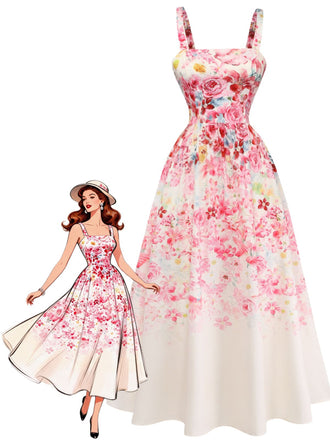 Pink 1940s Floral V Neck Dress