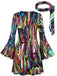 1970s Psychedelic Print Bell Sleeve Mini Dress with Headband
