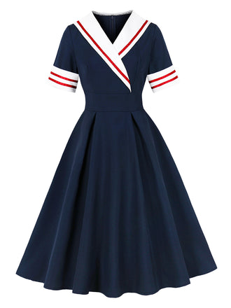 Dark Blue 1950s Patchwork Dress