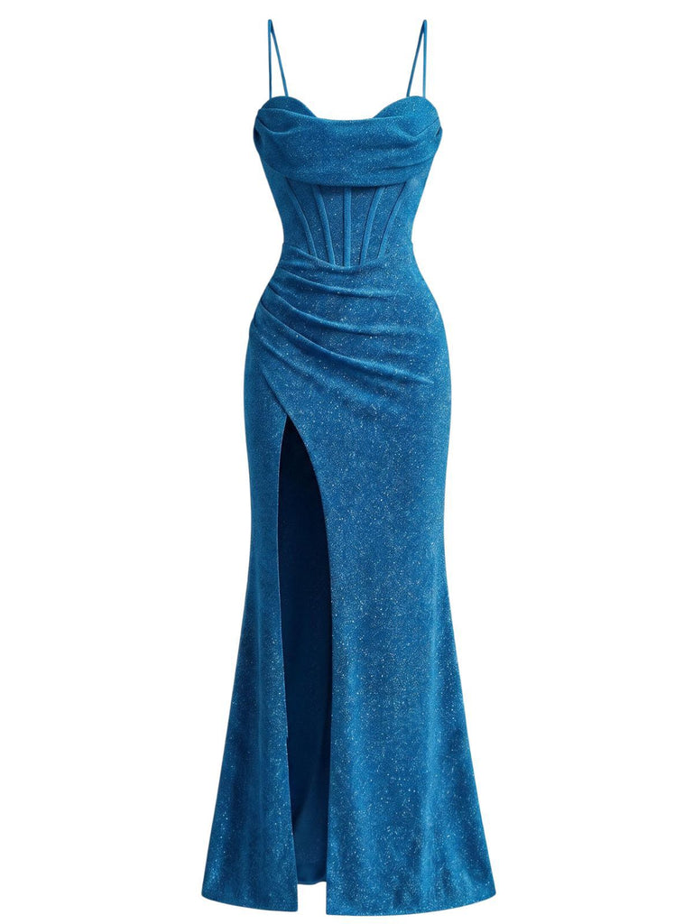 1930s Sparkle Cowl Neck Corset High Slit Mermaid Dress