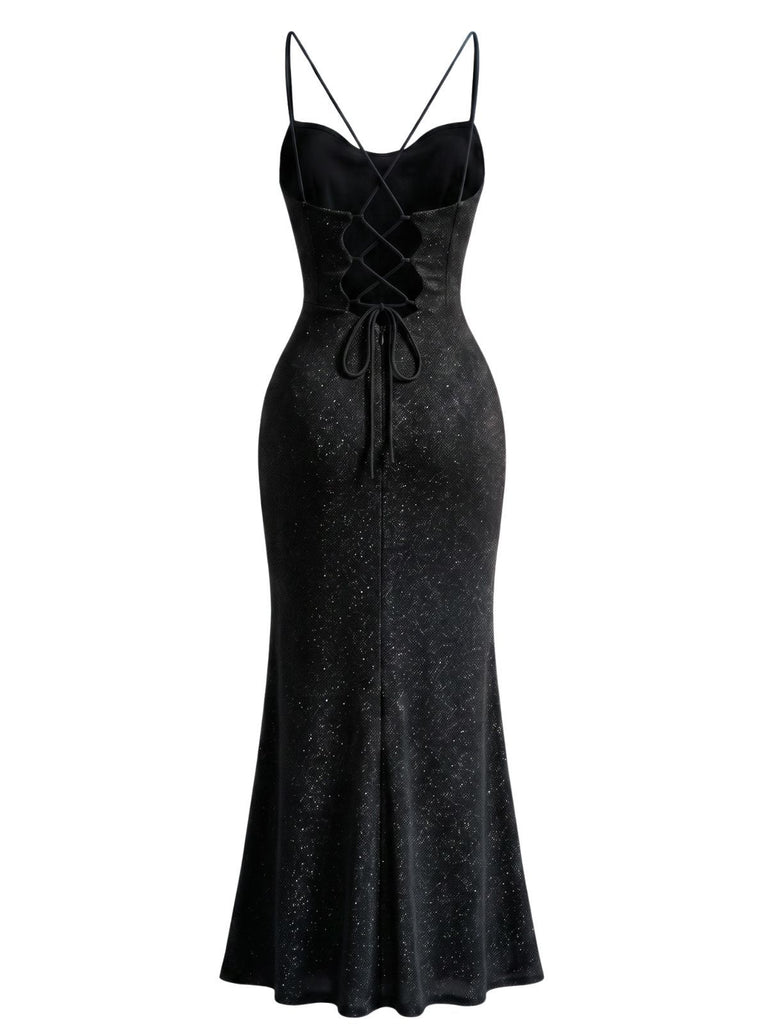 1930s Sparkle Cowl Neck Corset High Slit Mermaid Dress