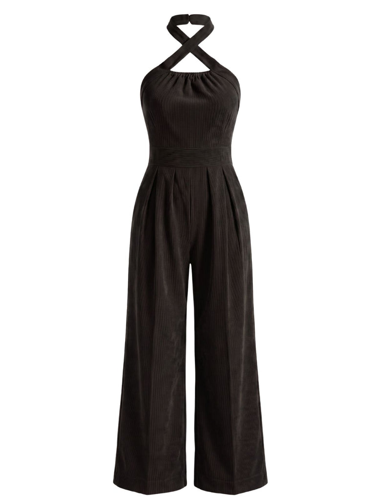 1950s Corduroy Cross Halter Neck Wide Leg Jumpsuit