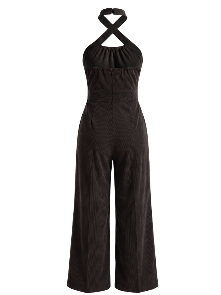 1950s Corduroy Cross Halter Neck Wide Leg Jumpsuit
