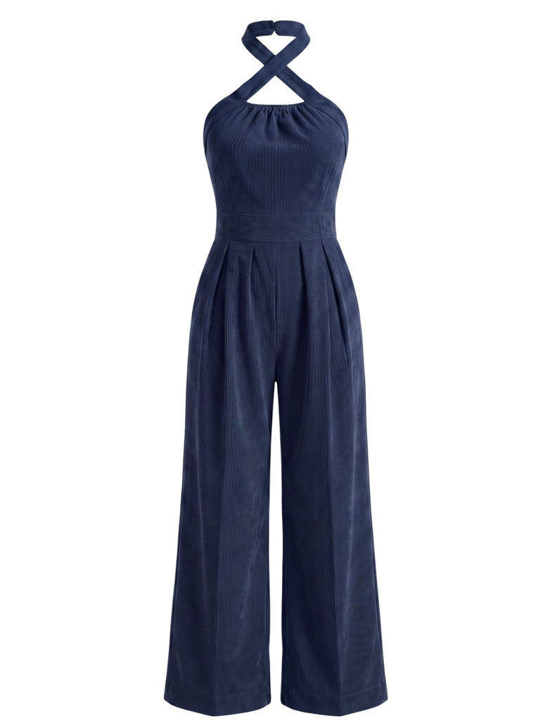 1950s Corduroy Cross Halter Neck Wide Leg Jumpsuit