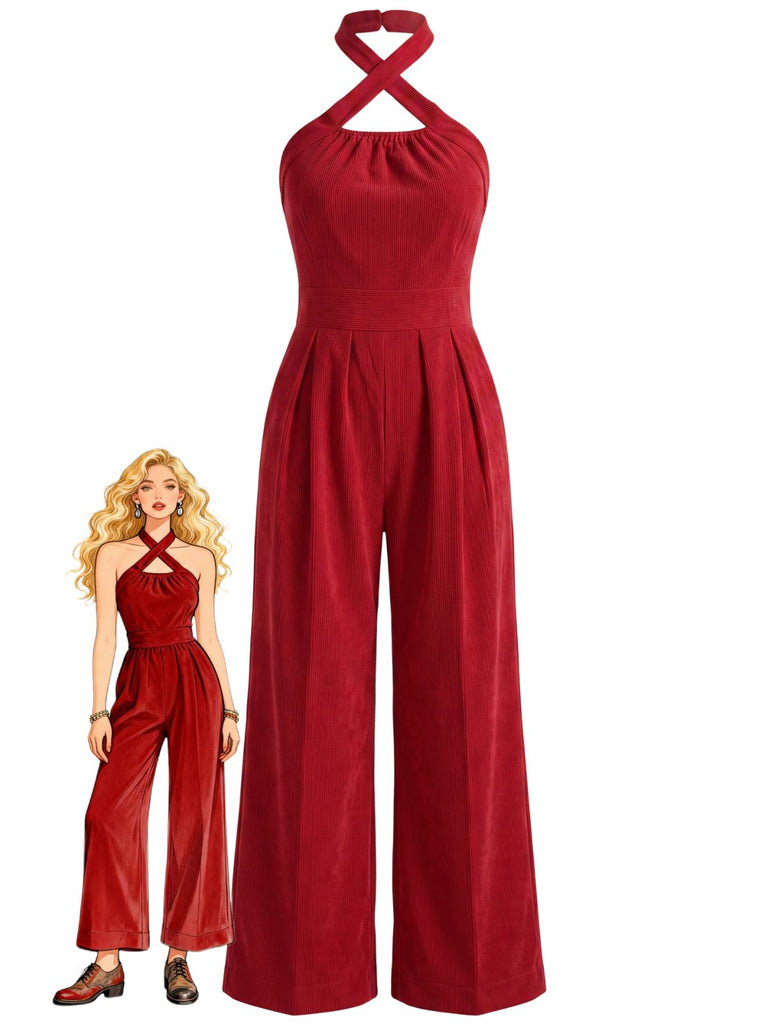 1950s Corduroy Cross Halter Neck Wide Leg Jumpsuit