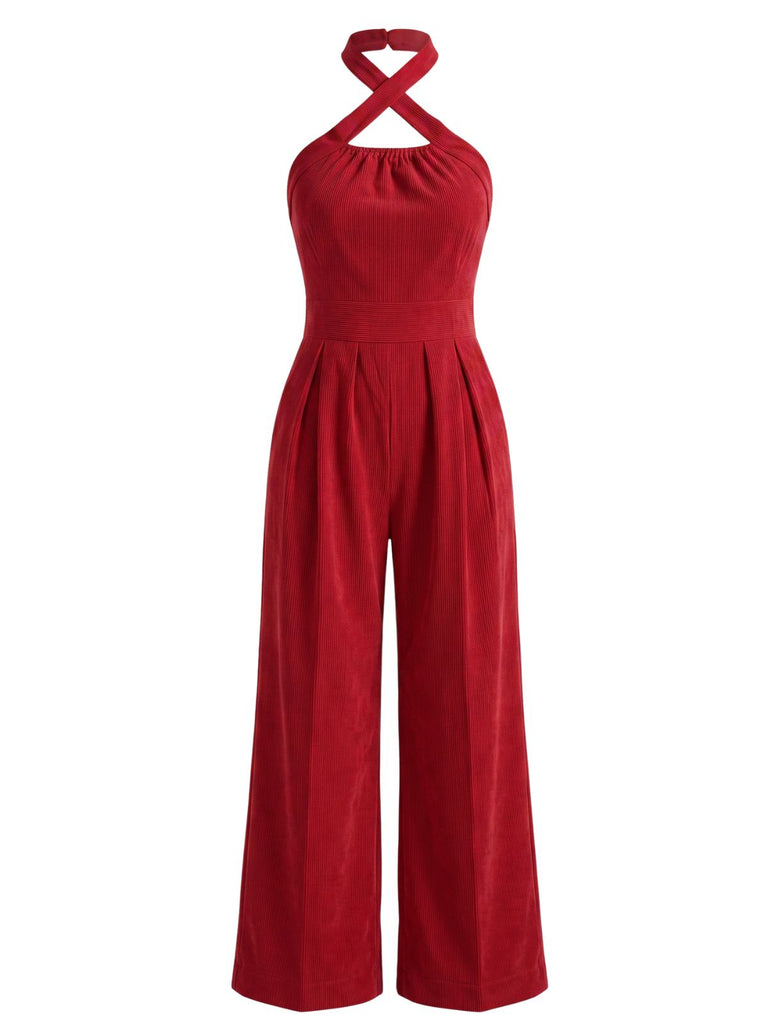 1950s Corduroy Cross Halter Neck Wide Leg Jumpsuit