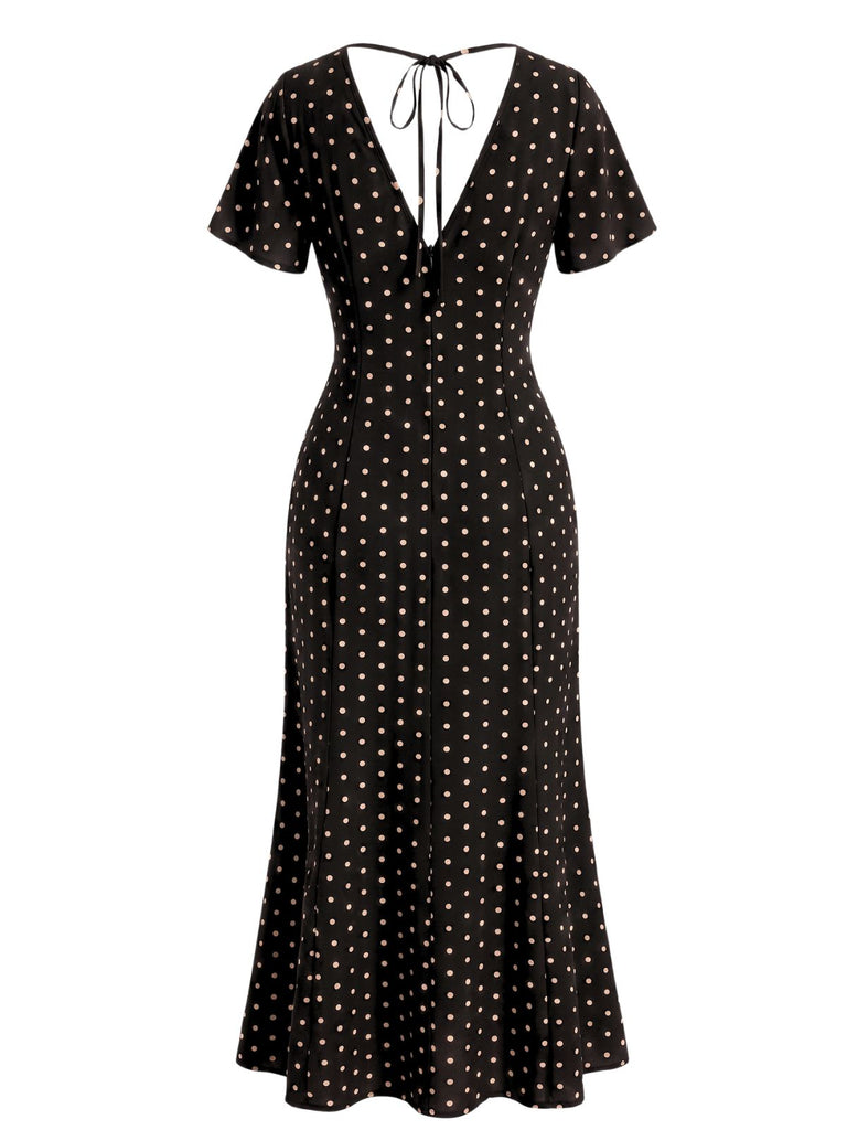 1930s V-Neck Polka Dot Flutter Sleeve Maxi Mermaid Dress