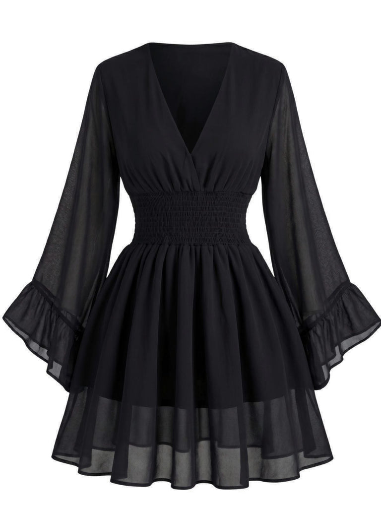 Black 1930s Chiffon V-Neck Smocked Waist Mini Dress