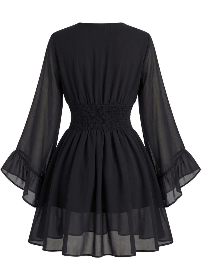 Black 1930s Chiffon V-Neck Smocked Waist Mini Dress