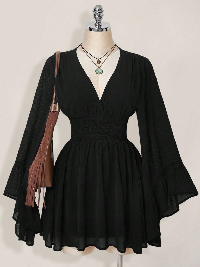 Black 1930s Chiffon V-Neck Smocked Waist Mini Dress