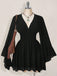 Black 1930s Chiffon V-Neck Smocked Waist Mini Dress