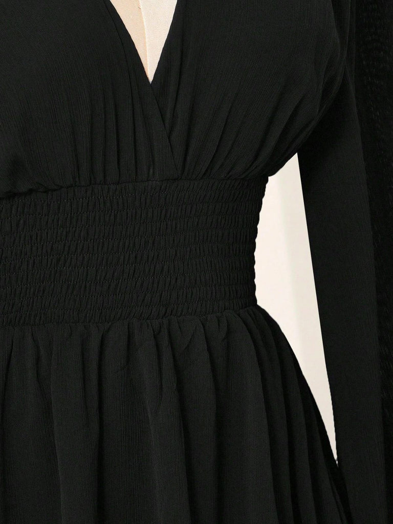 Black 1930s Chiffon V-Neck Smocked Waist Mini Dress