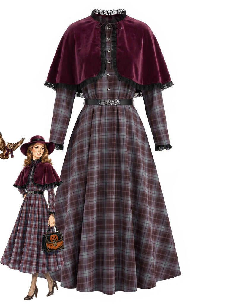 [Pre-Sale] 1940s Plaid Trim Belt Dress With Red Cape