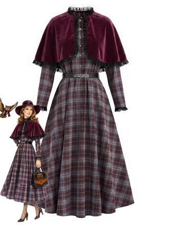 [Pre-Sale] 1940s Plaid Trim Belt Dress With Red Cape