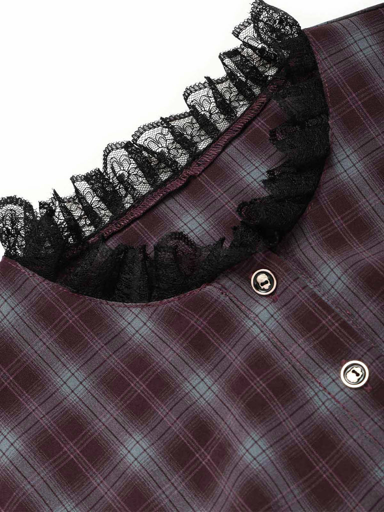 [Pre-Sale] 1940s Plaid Trim Belt Dress With Red Cape