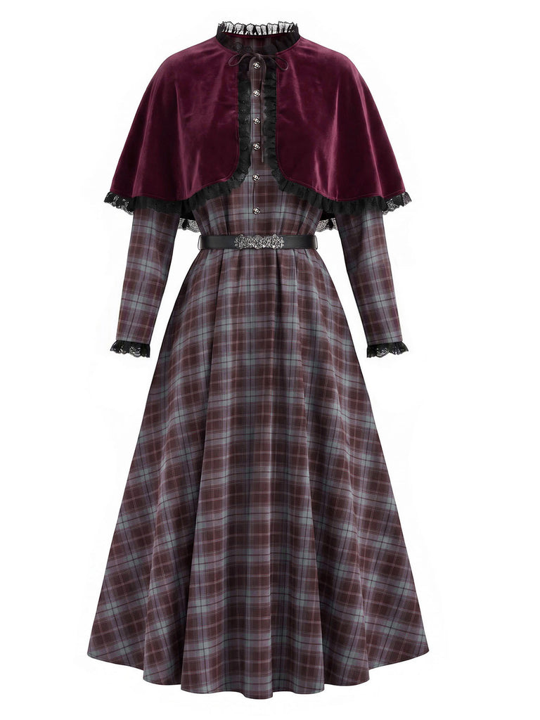 [Pre-Sale] 1940s Plaid Trim Belt Dress With Red Cape