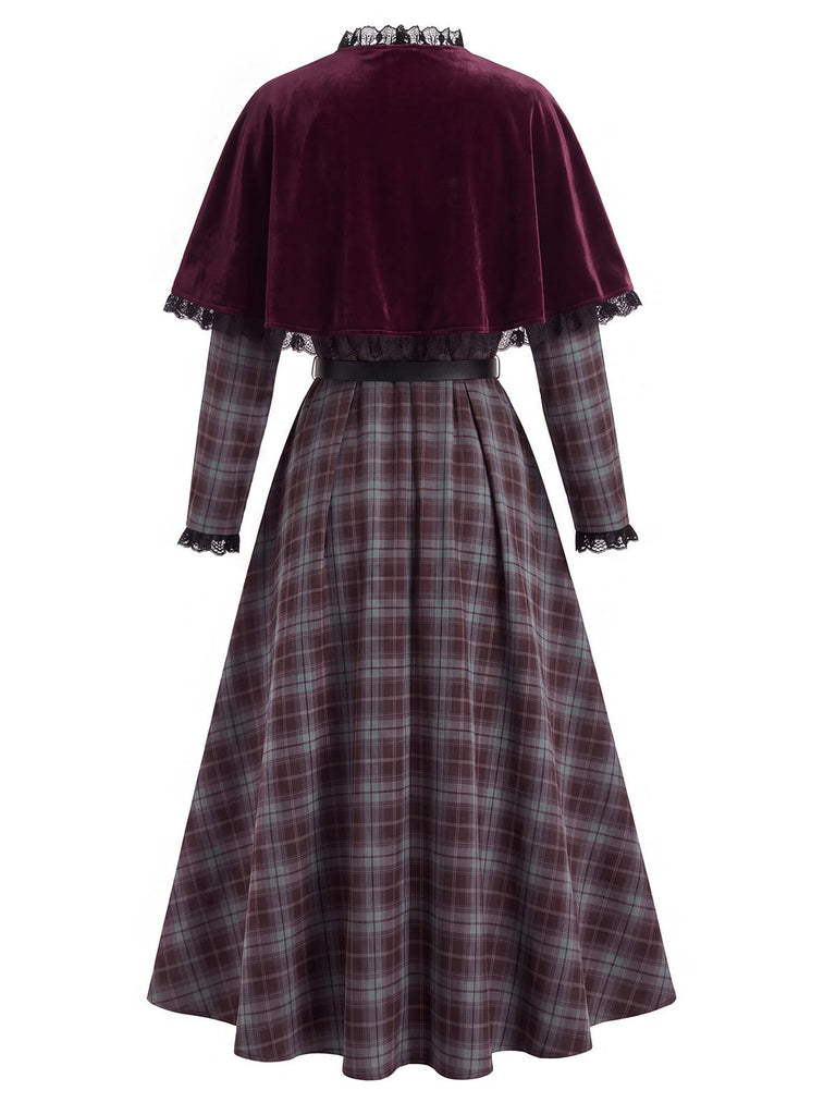 [Pre-Sale] 1940s Plaid Trim Belt Dress With Red Cape