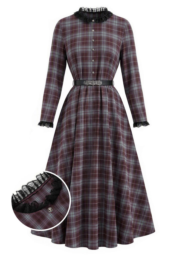 [Pre-Sale] 1940s Plaid Trim Belt Dress With Red Cape