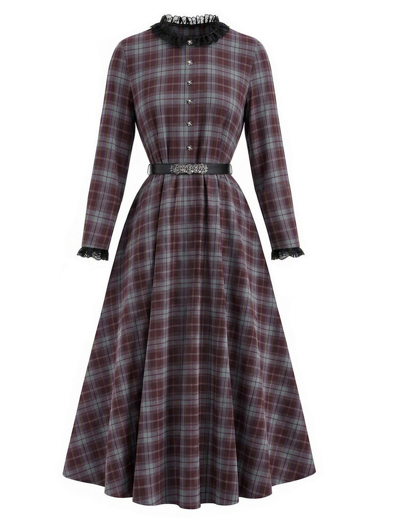 [Pre-Sale] 1940s Plaid Trim Belt Dress With Red Cape