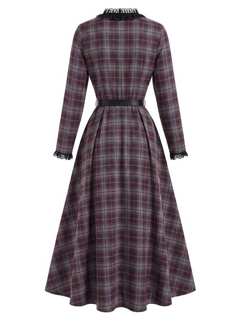 [Pre-Sale] 1940s Plaid Trim Belt Dress With Red Cape