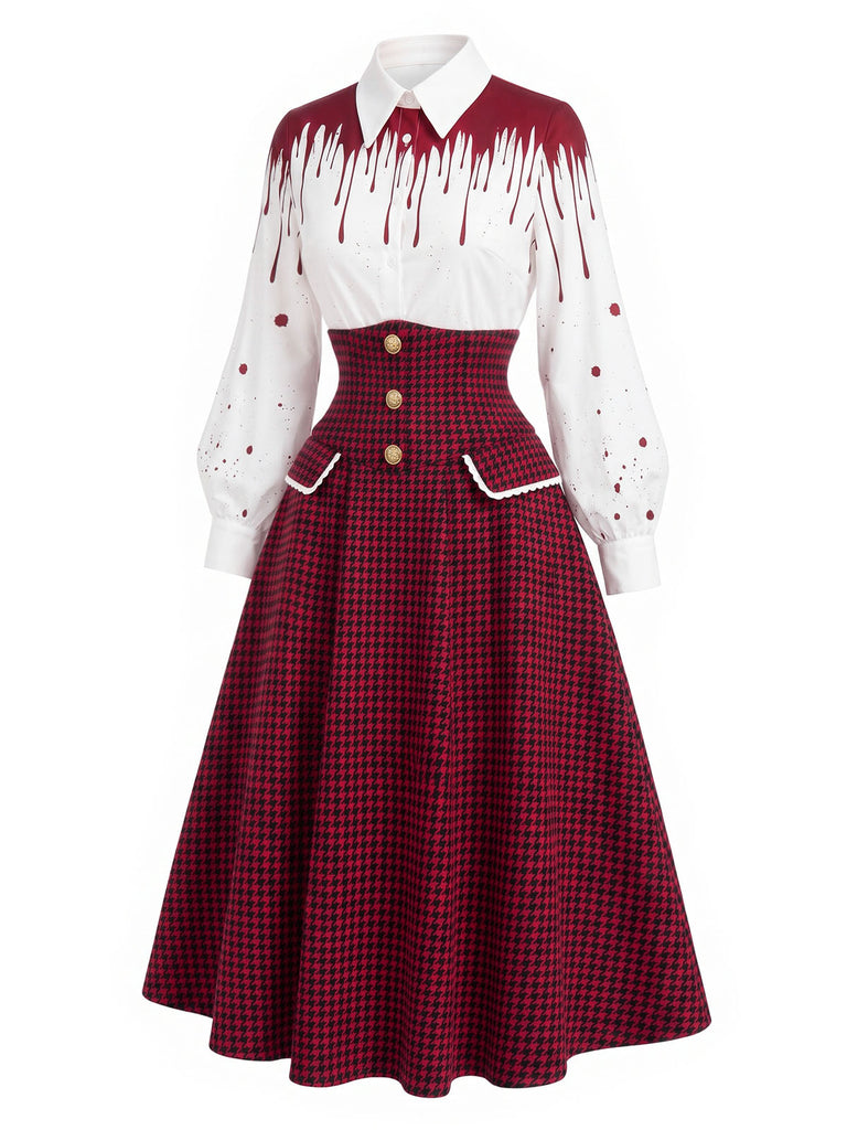 [Pre-Sale] 2PCS 1940s Bloodstain Print Shirt & Houndstooth High Waist Skirt