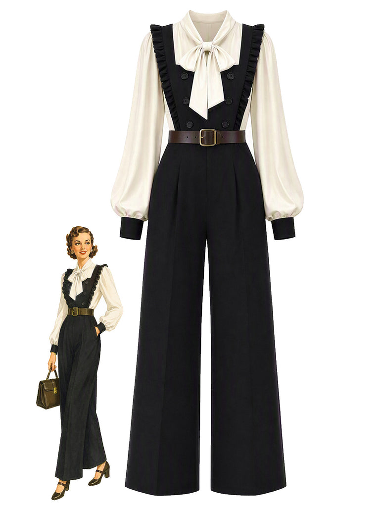 [Pre-Sale] 2PCS 1970s Bow Tie Blouse & Ruffle Strap Jumpsuit