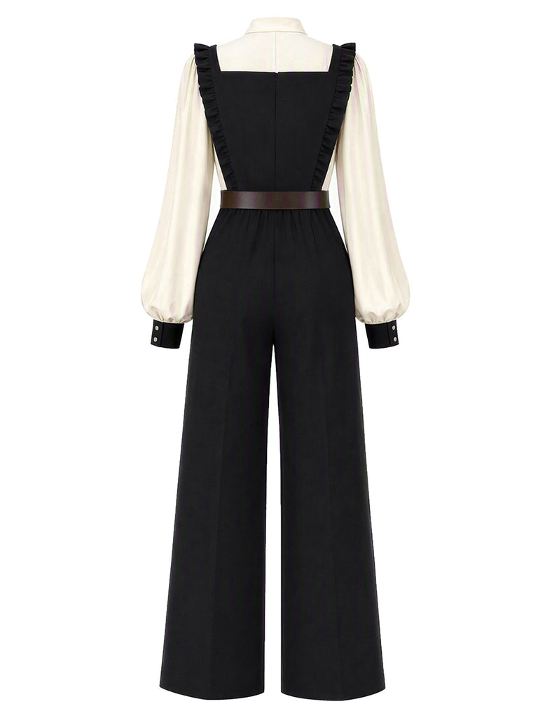 [Pre-Sale] 2PCS 1970s Bow Tie Blouse & Ruffle Strap Jumpsuit