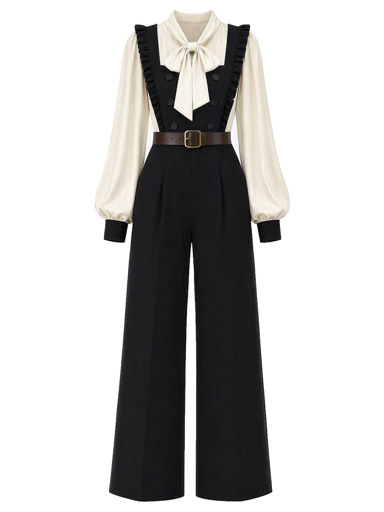 [Pre-Sale] 2PCS 1970s Bow Tie Blouse & Ruffle Strap Jumpsuit