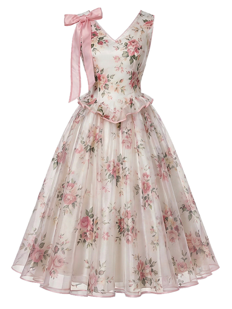 [Pre-Sale] Dark Pink 1950s Floral V Neck Bow Dress 2