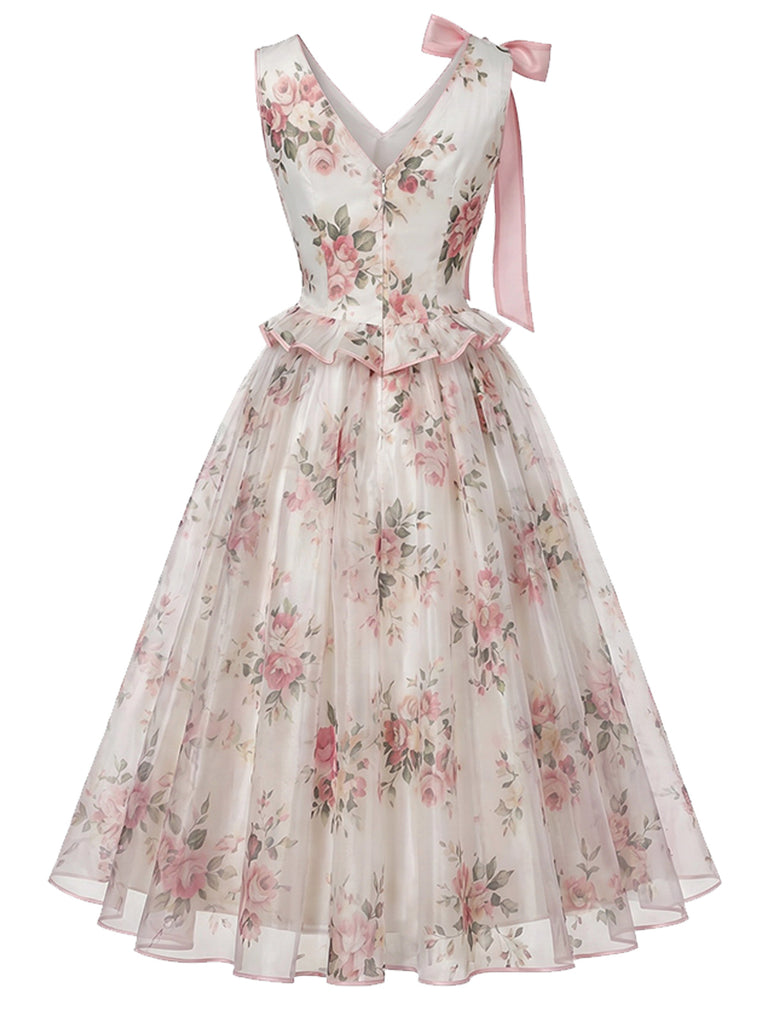 [Pre-Sale] Dark Pink 1950s Floral V Neck Bow Dress 3