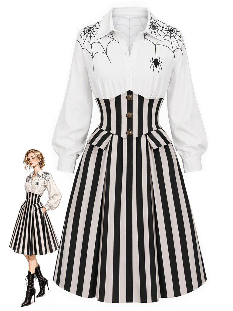 Black & White 1930s Spider-Web Vertical Striped Halloween Dress