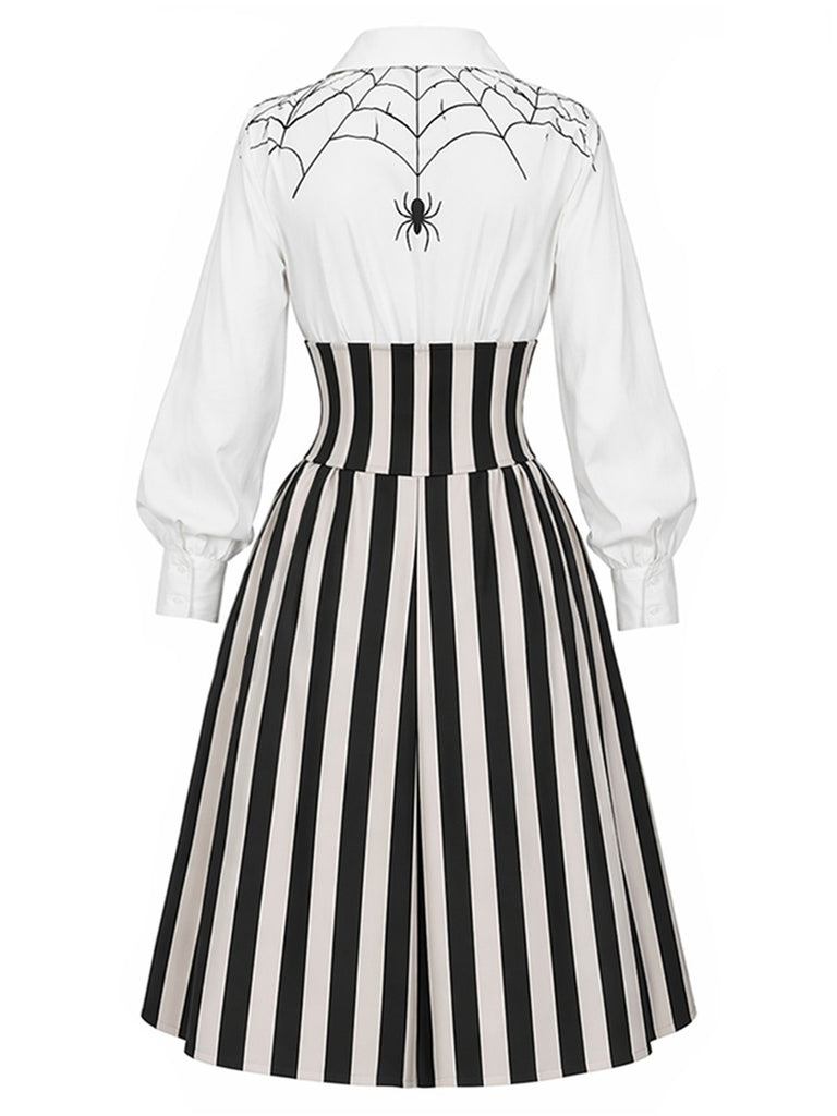 [Pre-Sale] Black& White 1930s Spider-Web Vertical Striped Halloween Dress