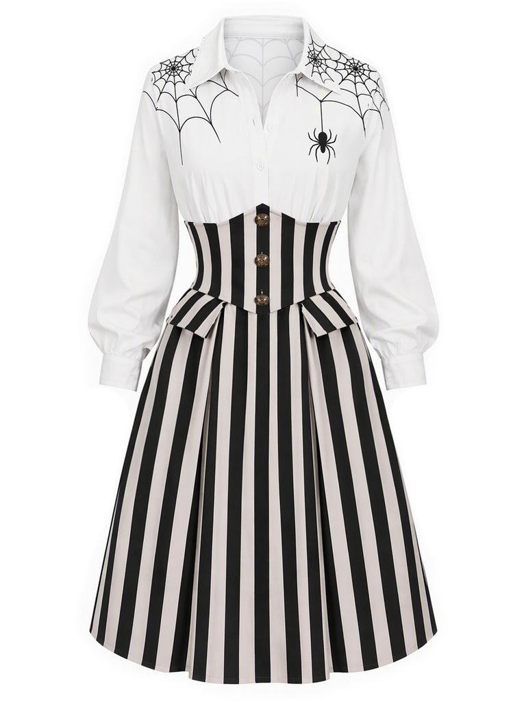 Black & White 1930s Spider-Web Vertical Striped Halloween Dress