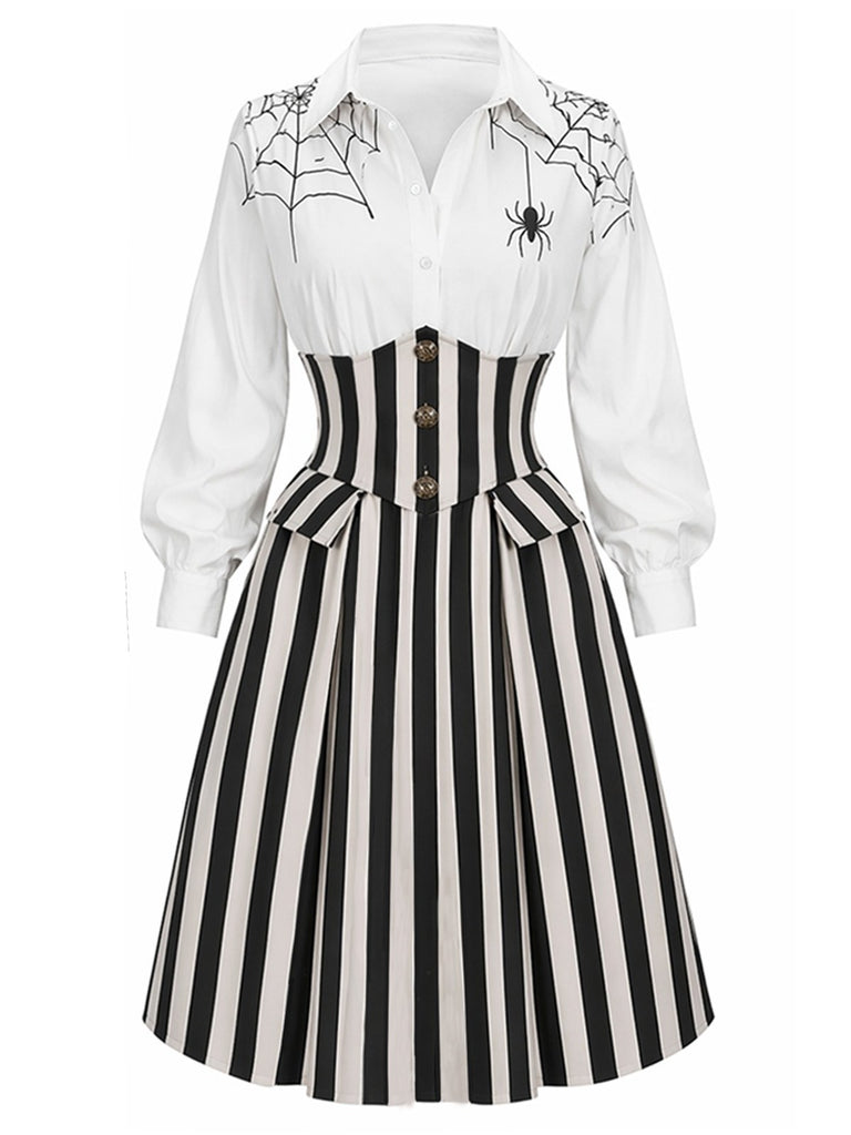 [Pre-Sale] Black& White 1930s Spider-Web Vertical Striped Halloween Dress