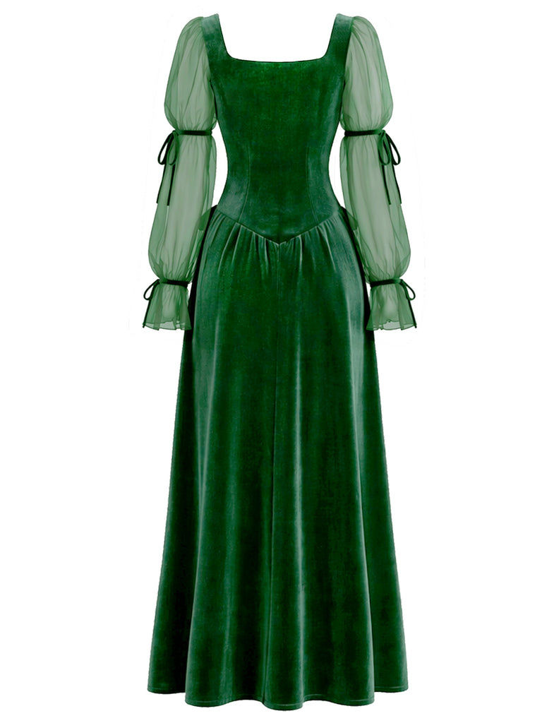 Lake Green 1970s Velvet Bow Dress 2
