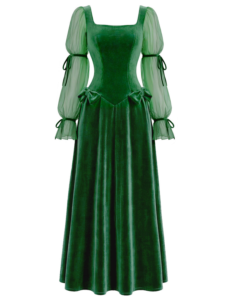 Lake Green 1970s Velvet Bow Dress 3