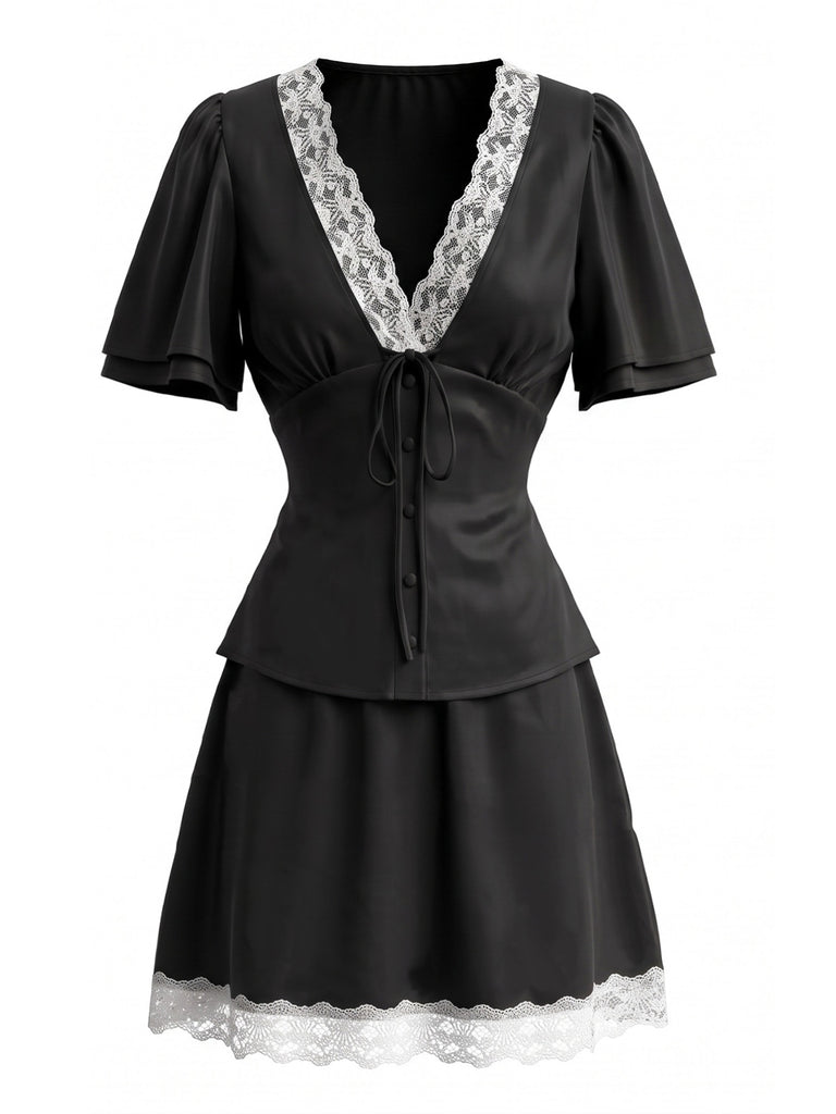 1970s Lace V Neck Patchwork Two Piece Set