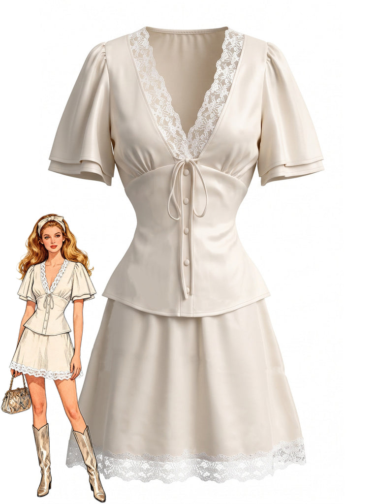 1970s Lace V Neck Patchwork Two Piece Set 3
