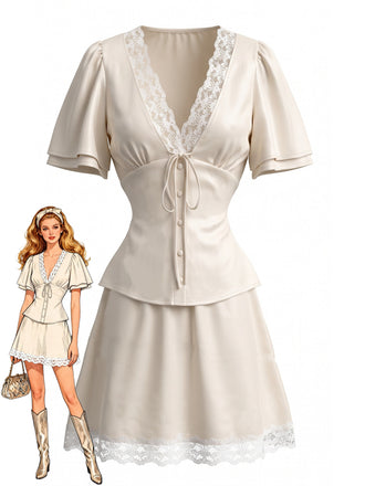 1970s Lace V Neck Patchwork Two Piece Set 3