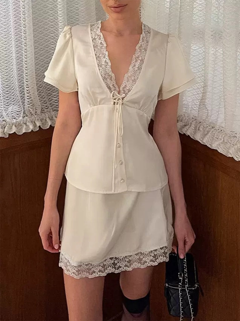 1970s Lace V Neck Patchwork Two Piece Set 6