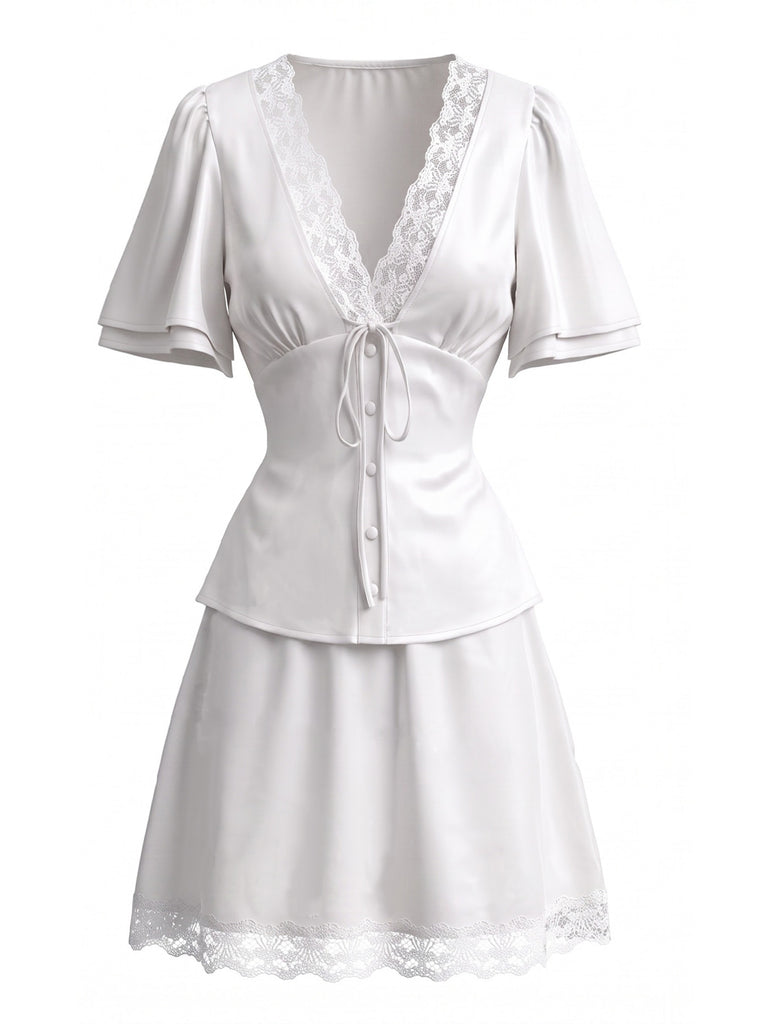 1970s Lace V Neck Patchwork Two Piece Set 7