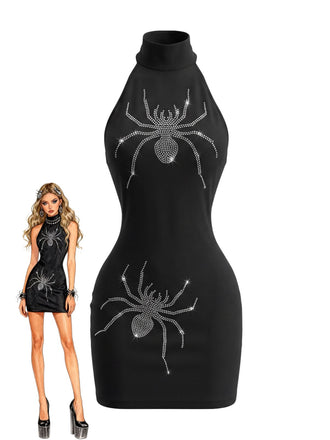 1960s Halloween Rhinestone Spider Halter Bodycon Dress